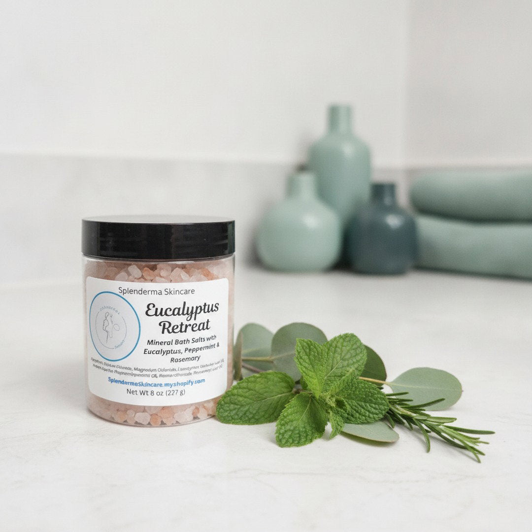 Eucalyptus Retreat scented Himalayan pink salt and magnesium mineral bath salts in an 8 oz jar