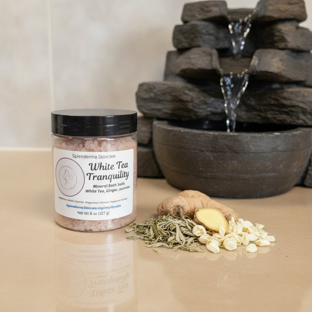 White Tea Tranquility scented Himalayan pink salt and magnesium mineral bath salts in an 8 oz jar