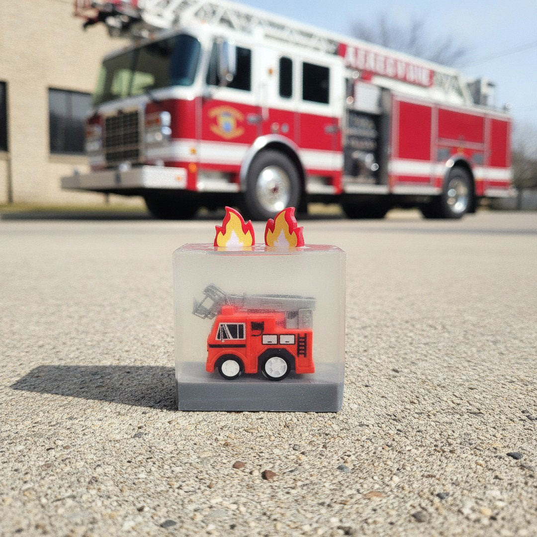 Flame Fighters fire truck glycerin soap with pull-back toy fire truck and resin flames